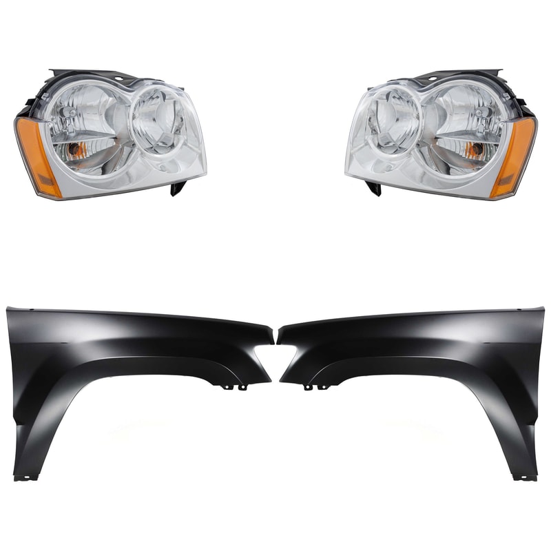 Headlight Assembly Kit for 2005-2007 Jeep Grand Cherokee, Right (Passenger) and Left (Driver) Side, Halogen, 4-Piece Kit with Fenders, Replacement