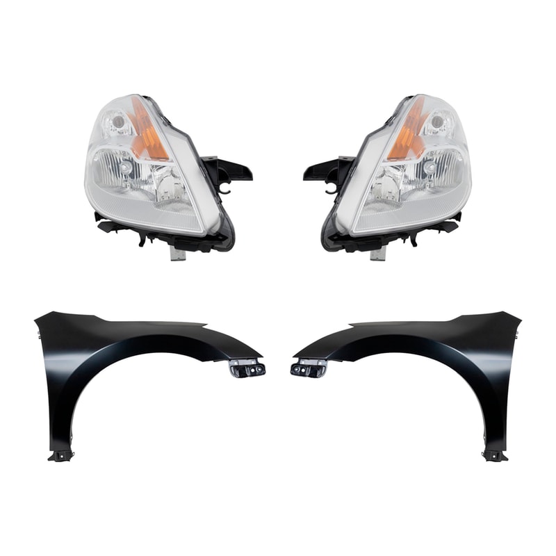Headlight Kit for 2008-2009 Nissan Altima, Right (Passenger) and Left (Driver), Lens and Housing, Halogen, 4-Piece Kit with Fenders, Replacement