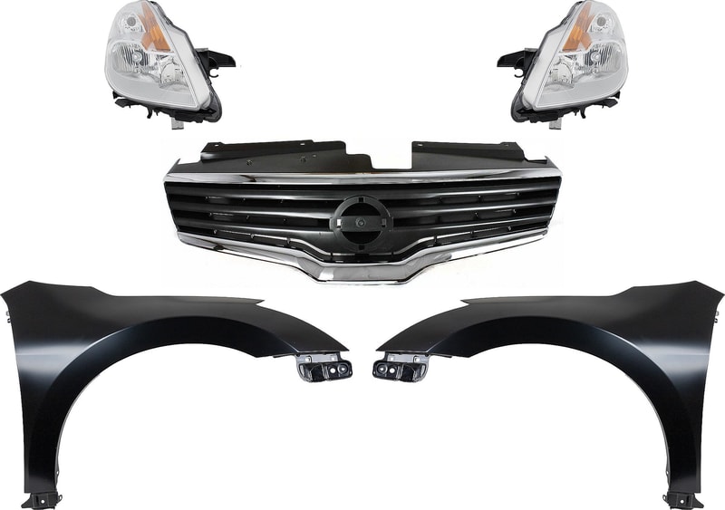 Headlight Kit for 2008-2009 Nissan Altima, Right (Passenger) and Left (Driver), Lens and Housing, Halogen, 5-Piece Kit with Fenders and Grille Assembly, Replacement