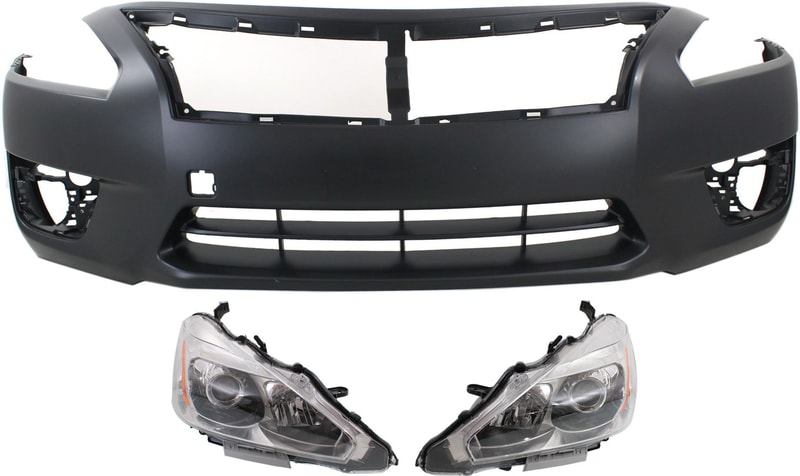Headlight Assembly Kit for Nissan Altima 2013-2015, Right (Passenger) and Left (Driver), Halogen, 3-Piece kit, includes Bumper Cover, Replacement