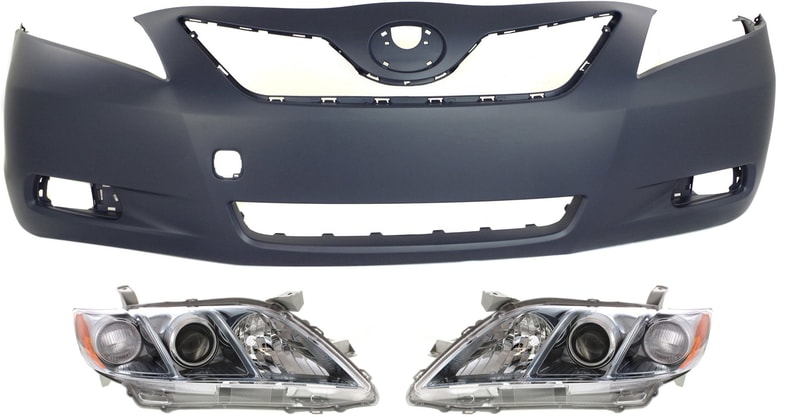 Headlight Kit for Toyota Camry 2007-2009, Right (Passenger) and Left (Driver), Lens and Housing, Halogen, 3-Piece with Bumper Cover, Replacement