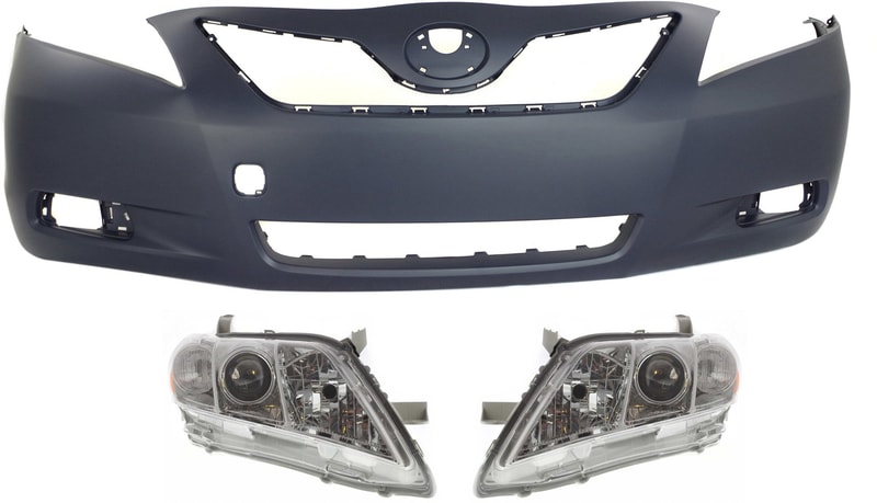 Headlight Kit for 2007-2009 Toyota Camry, Right (Passenger) and Left (Driver) Lenses and Housing, Halogen, 3-Piece with Bumper Cover, Replacement