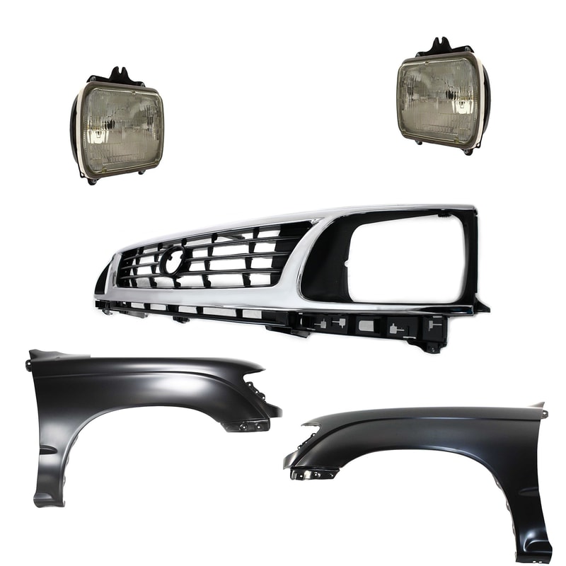 Front Fender Kit for 1995-1996 Toyota Tacoma, Right (Passenger) and Left (Driver), 5-Piece, Primed (Ready to Paint), Includes Grille and Headlights, Replacement