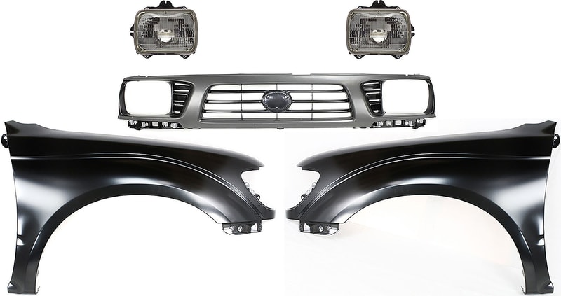 5-Piece Kit Grille for 1995-1997 Toyota Tacoma, Painted Gray Shell with Painted Black Insert, Including Fenders and Headlights, Replacement