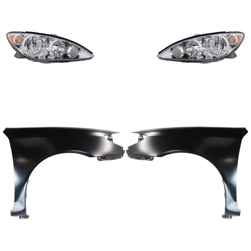 Headlight Assembly for 2005-2006 Toyota Camry, Right (Passenger) and Left (Driver), Halogen, 4-Piece Kit with Fenders, Replacement