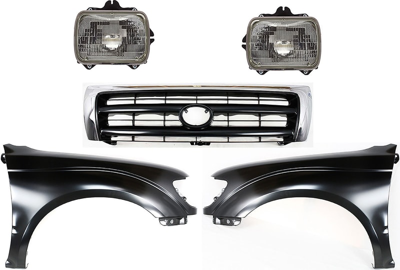 Chrome Shell Grille with Dark Silver Painted Insert for 1997 Toyota Tacoma, 5-Piece Kit including Fenders and Headlights, Replacement