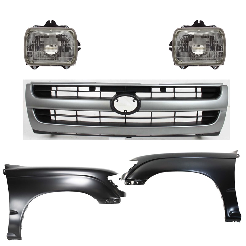Front Fender Kit for 1997 Toyota Tacoma, Right (Passenger) and Left (Driver), 5-Piece Set, Primed (Ready to Paint), with Grille and Headlights, Replacement 
