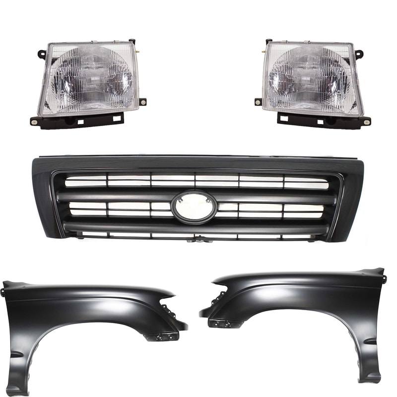 Front Fender for 1997-2000 Toyota Tacoma Right (Passenger) and Left (Driver), Primed (Ready to Paint), 5-Piece Kit with Grille and Headlights, Replacement