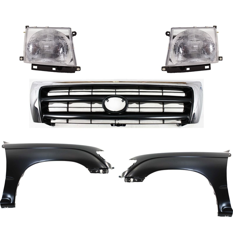 Front Fender Kit for 1997-2000 Toyota Tacoma, Includes Right (Passenger) & Left (Driver) Side, Primed (Ready to Paint), 5-Piece Set with Grille and Headlights, Replacement