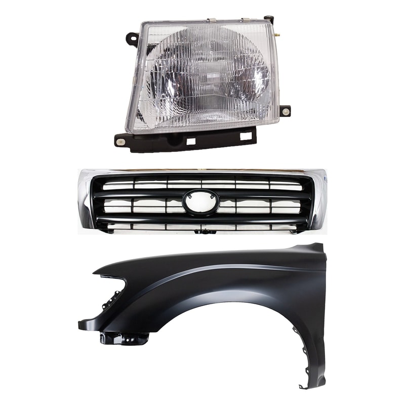 3-Piece Kit Grille for Toyota Tacoma (1997-2000), Chrome Shell with Painted Dark Silver Insert, including Fender and Headlight Replacement