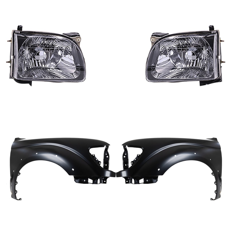Front Fender for Toyota Tacoma 2001-2004, Right (Passenger) and Left (Driver), Primed (Ready to Paint), 4-Piece Kit, with Headlights, Replacement