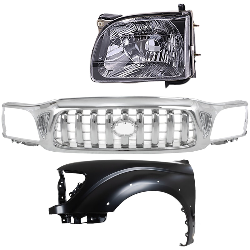 3-Piece Kit for Grille Replacement with Chrome Shell and Insert for Toyota Tacoma 2001-2004, Including Fender and Headlight