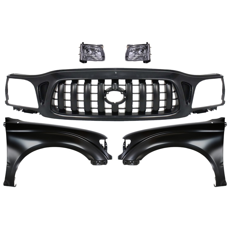 Grille Kit for Toyota Tacoma 2001-2004, Paintable Shell and Insert, 5-Piece Set with Fenders and Headlights, Ready for Replacement