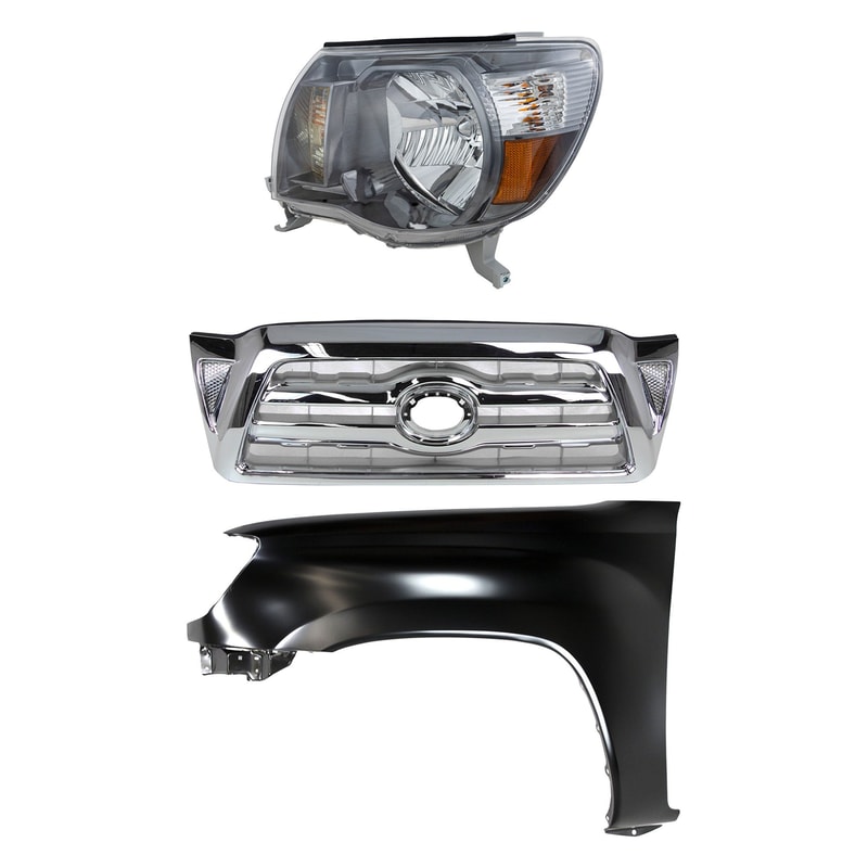 3-Piece Kit Grille for Toyota Tacoma 2005-2008 - Chrome Shell and Insert with Fender and Headlight, Replacement