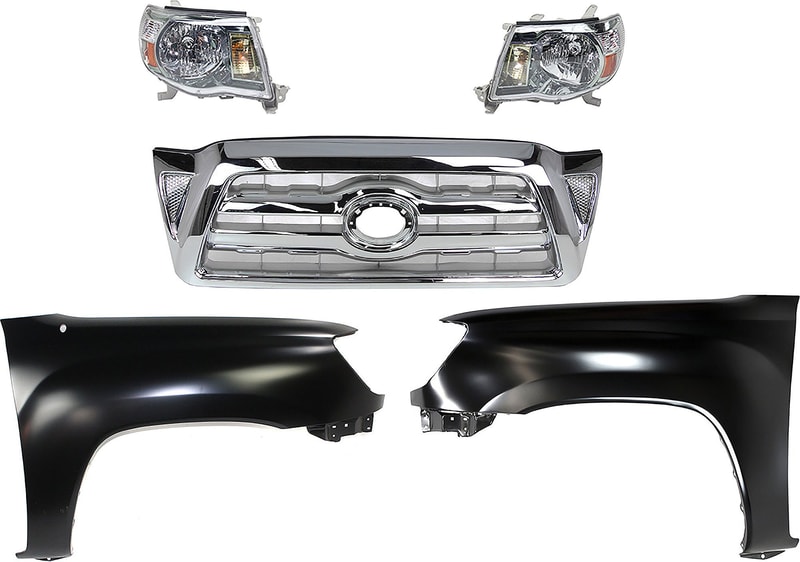 Grille Kit for Toyota Tacoma 2005 - 2008, Chrome Shell and Insert, 5-Piece Set with Fenders and Headlights, Replacement