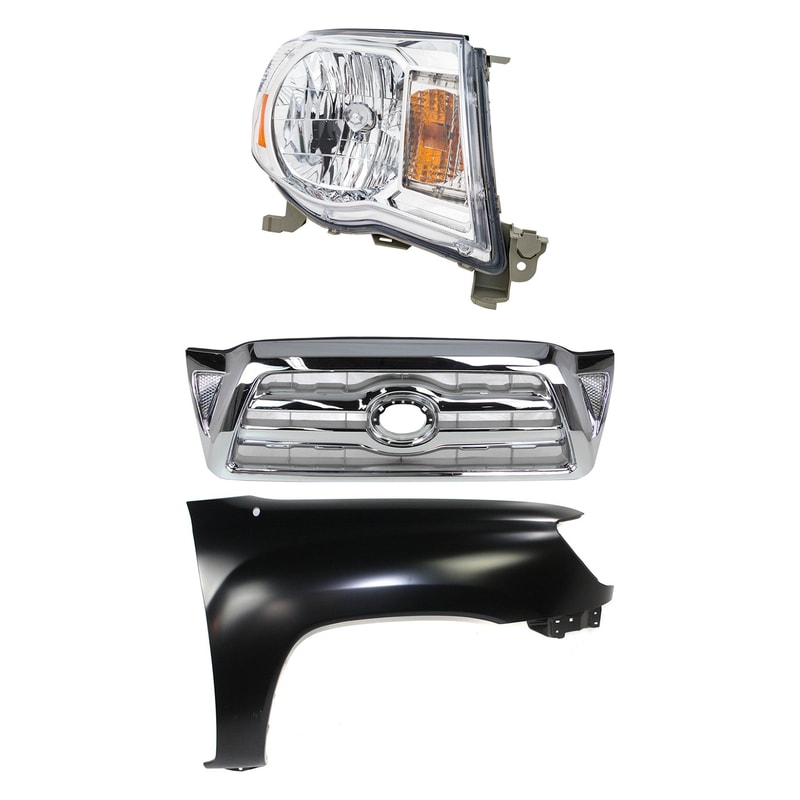 3-Piece Kit for Toyota Tacoma 2005-2008 Chrome Shell and Insert Grille with Fender and Headlight Replacement