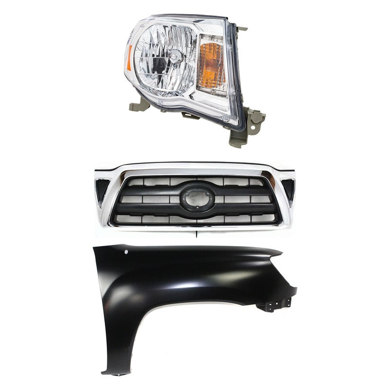 3-Piece Kit Grille for 2005-2008 Toyota Tacoma, Chrome Shell with Black Insert and Headlight, includes Fender Replacement