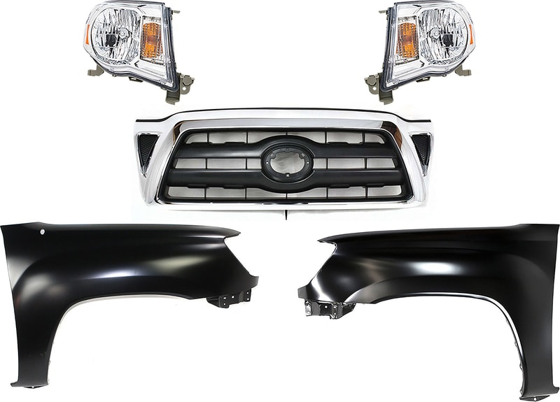 5-Piece Grille Kit for 2005-2008 Toyota Tacoma, Chrome Shell with Black Insert, Complete with Fenders and Headlights, Replacement