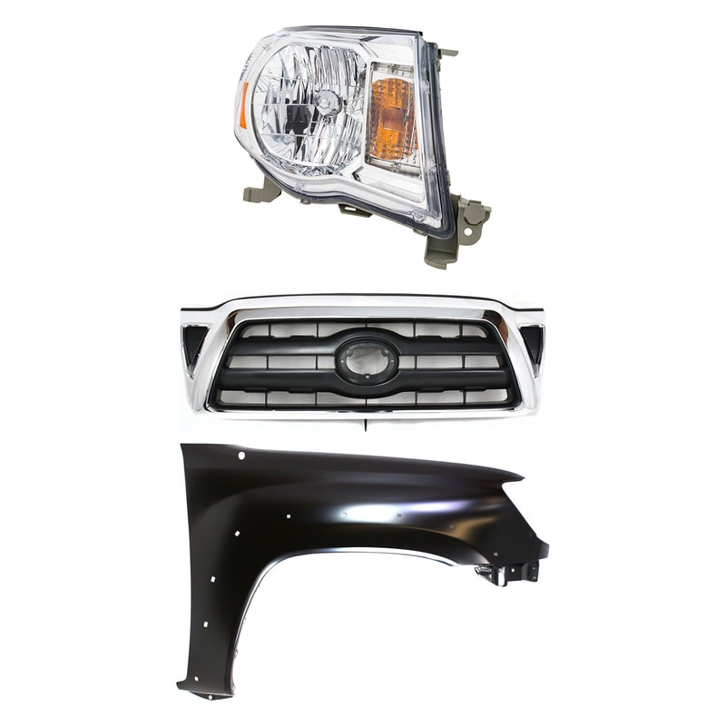 3-Piece Grille Kit for 2005-2008 Toyota Tacoma, Chrome Shell with Black Insert, Includes Fender and Headlight Replacement