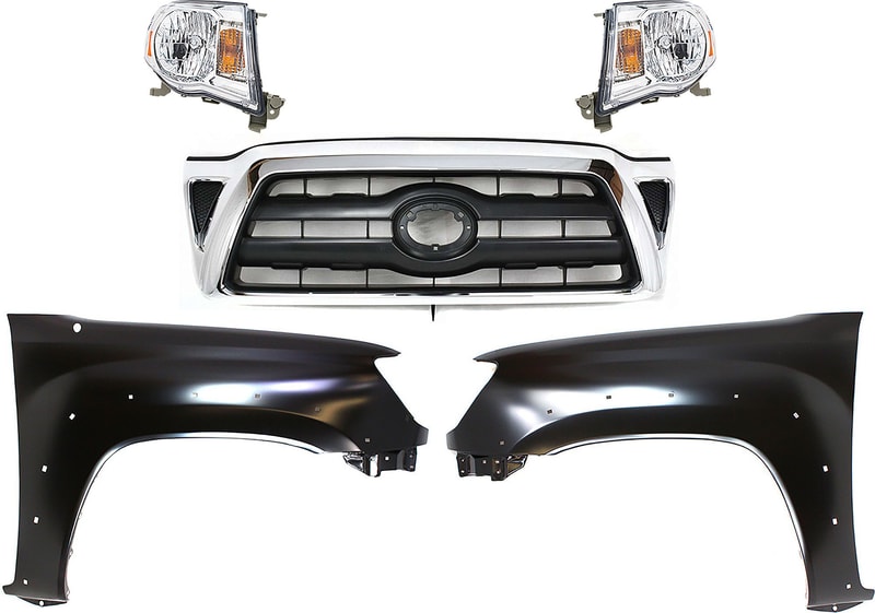 Grille Kit for 2005-2008 Toyota Tacoma, Chrome Shell with Black Insert, 5-Piece Set, Includes Fenders and Headlights, Replacement