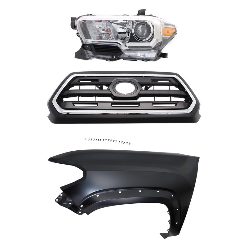 3-Piece Kit Grille for Toyota Tacoma 2016-2017, Chrome Shell with Painted Black Insert, Includes Fender and Headlight Replacement
