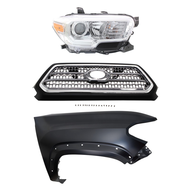 3-Piece Grille Kit for 2016-2017 Toyota Tacoma, Chrome Shell and Insert with Fender and Headlight Replacement