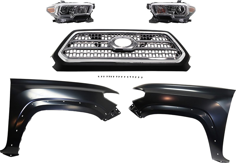 Chrome Shell and Insert Grille for Toyota Tacoma 2016-2017, 5-Piece Kit with Fenders and Headlights Replacement