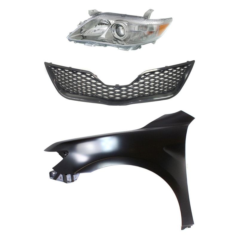 Headlight Assembly for 2010-2011 Toyota Camry, Left (Driver) Side, Halogen, 3-Piece Kit with Fender and Grille Assembly, Replacement