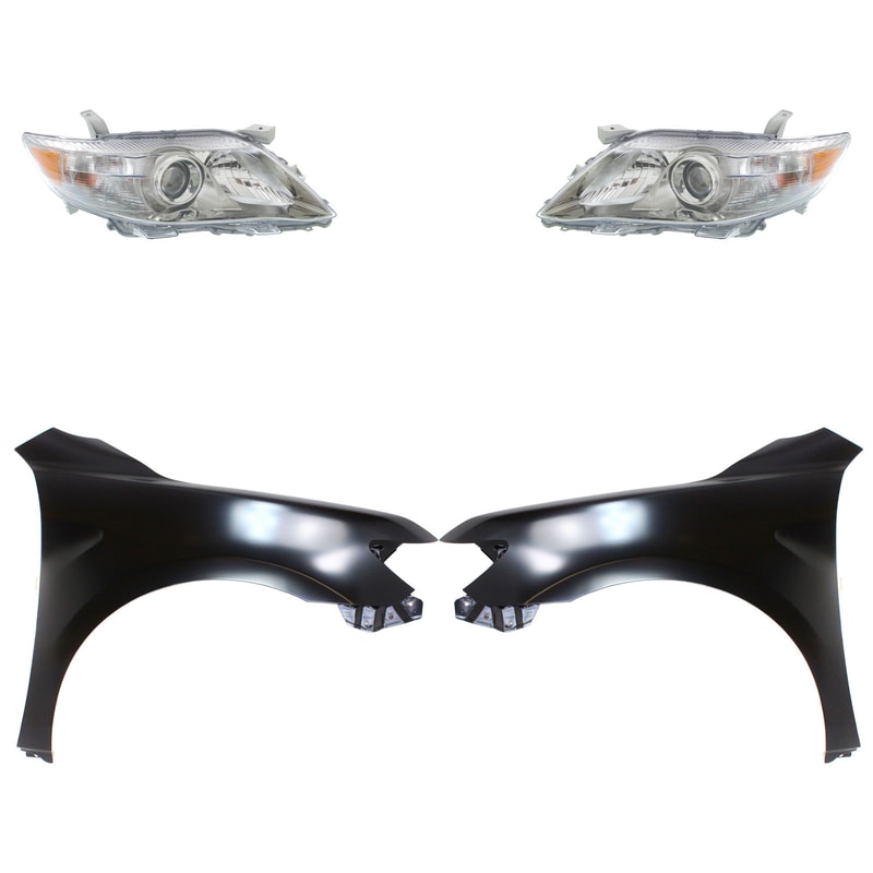 Headlight Assembly for 2010-2011 Toyota Camry, Right (Passenger) and Left (Driver), Halogen, 4-Piece Kit with Fenders, Replacement
