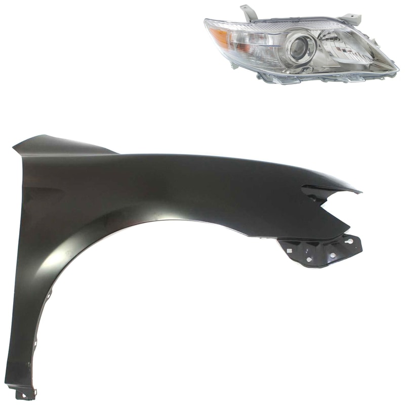 Headlight Assembly Kit for 2010-2011 Toyota Camry, Right (Passenger) with Fender, Halogen, 2-Piece Set, Replacement