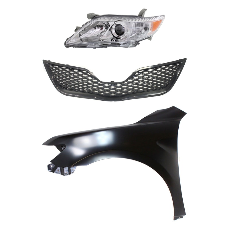 Headlight for Toyota Camry 2010-2011, Left (Driver) Side Lens and Housing, Halogen, 3-Piece Kit, with Fender and Grille Assembly Replacement
