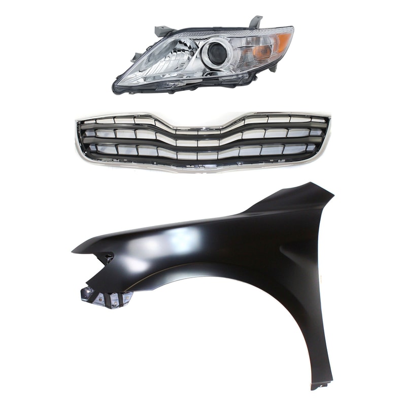 Headlight Assembly Kit for 2010-2011 Toyota Camry, Left (Driver) Side, Halogen, 3-Piece with Fender and Grille Assembly, Replacement