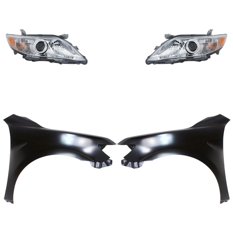 Headlight Assembly Kit for Toyota Camry 2010-2011, Right (Passenger) & Left (Driver), Halogen, 4-Piece Kit with Fenders, Replacement