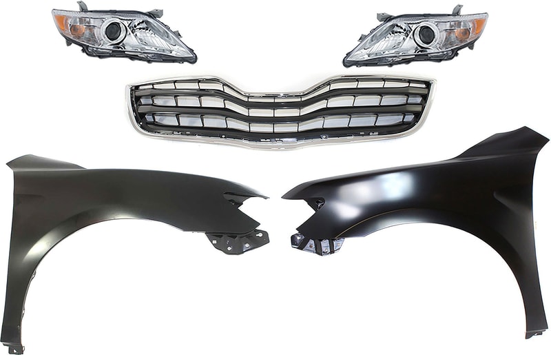Headlight Assembly Kit for Toyota Camry 2010-2011, Right (Passenger) and Left (Driver), Halogen, 5-Piece with Fenders and Grille Assembly, Replacement