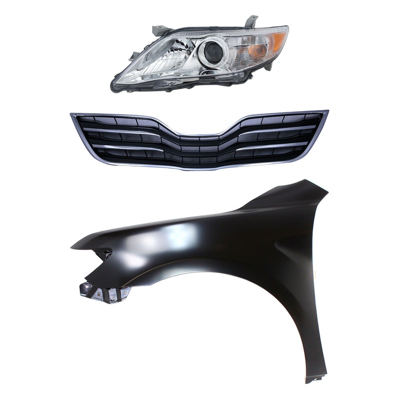 Headlight Assembly Kit for 2010-2011 Toyota Camry, Left (Driver), Halogen, 3-Piece with Fender and Grille Assembly, Replacement