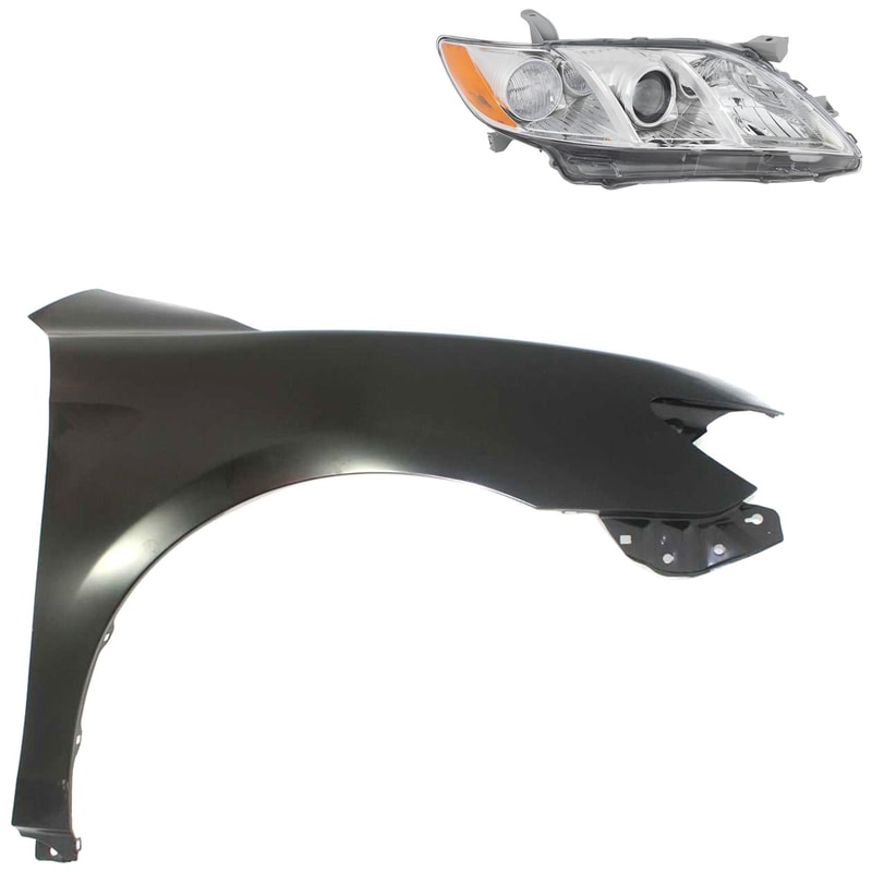 Headlight Kit for 2007-2009 Toyota Camry, Right (Passenger) Side, Lens and Housing, Halogen, 2-Piece Set, with Fender, Replacement