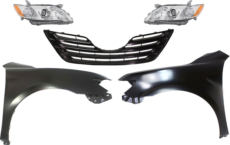 Headlight Kit for 2007-2009 Toyota Camry, Right (Passenger) and Left (Driver) Halogen Lenses and Housings, 5-Piece Set, Sedan, USA Built, with Fenders and Grille, Replacement