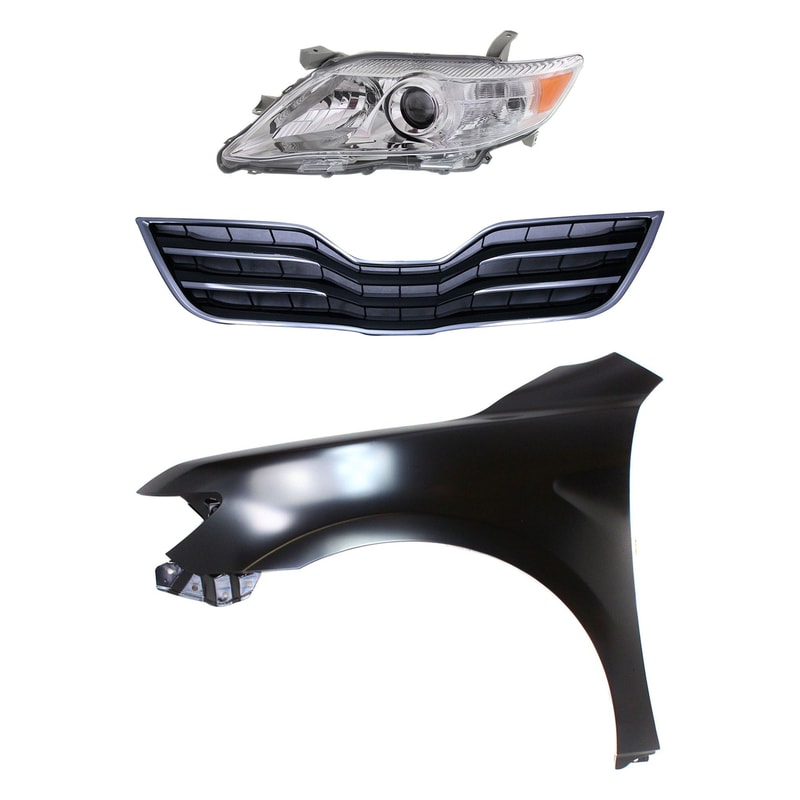 Headlight for Toyota Camry 2010-2011, Left (Driver) Side, Lens and Housing, Halogen, 3-Piece Kit, with Fender and Grille Assembly Replacement