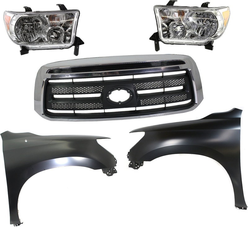 Grille Kit for TOYOTA TUNDRA 2010-2013, Chrome Shell with Textured Black Insert, 5-Piece Set includes Headlights and Fenders, Replacement