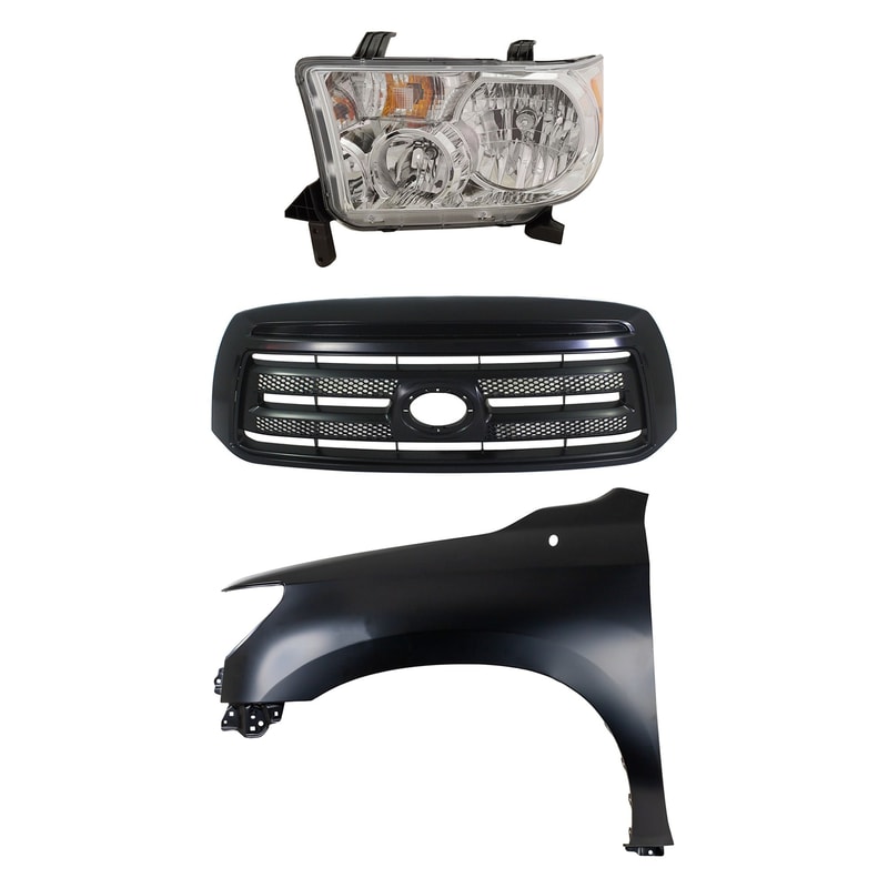 Headlight Assembly Kit for 2010-2013 Toyota Tundra Left (Driver), includes Halogen 3-Piece Set with Fender and Grille Assembly - (CAPA) Replacement