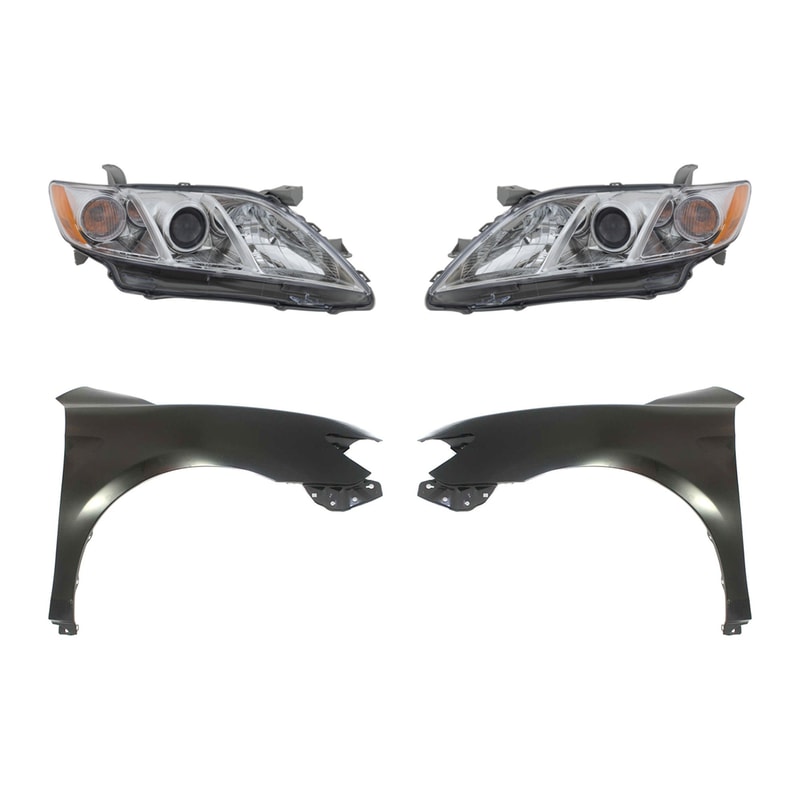 Headlight Assembly Kit for 2007-2009 Toyota Camry, Includes Right (Passenger) and Left (Driver) Lights with Fenders, 4-Piece Set, Replacement