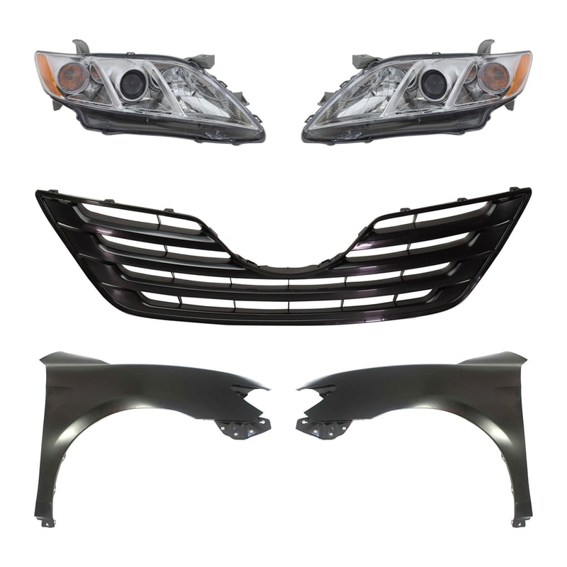 Headlight Assembly Kit for 2007-2009 Toyota Camry, Right (Passenger) and Left (Driver) Side, 5-Piece Kit with Fenders and Grille, Halogen, USA Built, Replacement