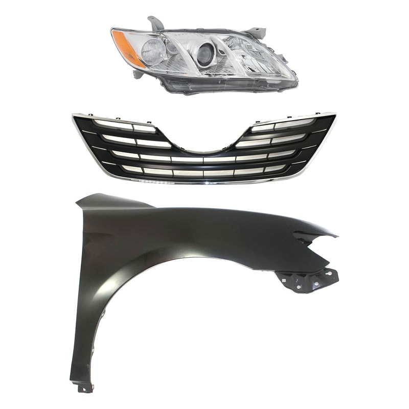 Headlight for Toyota Camry 2007-2009 with Right (Passenger) Side Lens and Housing, Halogen, 3-Piece Kit, Includes Fender and Grille Assembly Replacement
