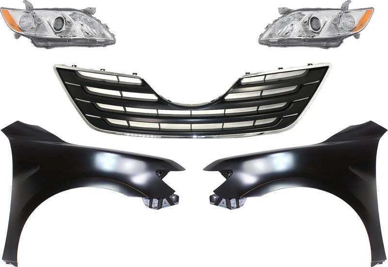 Headlight Kit for 2007-2009 Toyota Camry, Right (Passenger) and Left (Driver), Lens and Housing, Halogen, 5-Piece with Fenders and Grille Assembly, Replacement