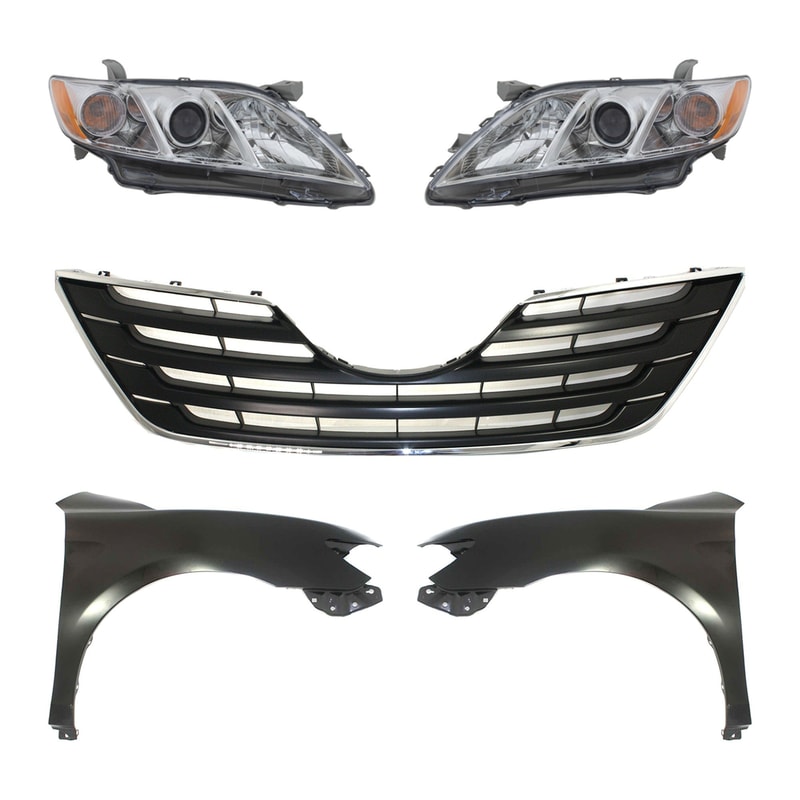 Headlight Assembly Kit for 2007-2009 Toyota Camry, Right (Passenger) and Left (Driver), 5-Piece with Grille Assembly and Fenders, Replacement