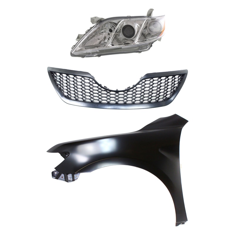 Headlight Kit for 2007-2009 Toyota Camry, Left (Driver) Side, Lens and Housing, Halogen, 3-Piece Kit, with Fender and Grille Assembly, Replacement