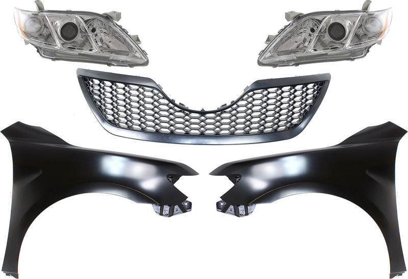 Headlight Kit for Toyota Camry 2007-2009, Right (Passenger) and Left (Driver) Lens and Housing, Halogen, 5-Piece with Fenders and Grille Assembly, Replacement