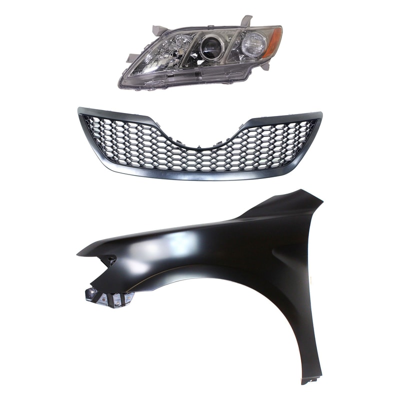 Headlight Kit for 2007-2009 Toyota Camry, Left (Driver) Side, Lens and Housing, Halogen, 3-Piece Set with Fender and Grille Assembly, Replacement
