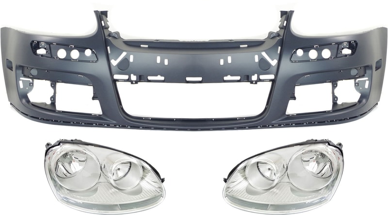 Headlight Assembly Kit for Volkswagen Jetta 2005-2010 / GTI 2006-2007, Right (Passenger) and Left (Driver), Halogen, 3-Piece with Bumper Cover, Replacement