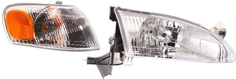 Headlight Assembly for 1998-2000 Toyota Corolla, Right (Passenger) Side, Halogen, 2-Piece Kit with Corner Light, Replacement